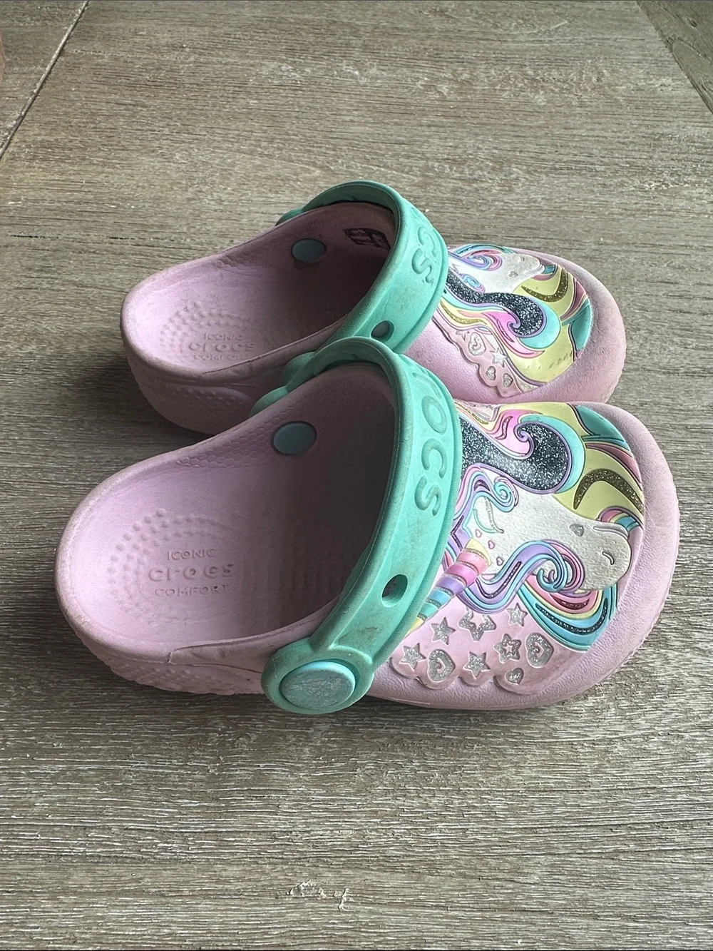 CROCS Kids Pink Unicorn Clogs with Mint Strap